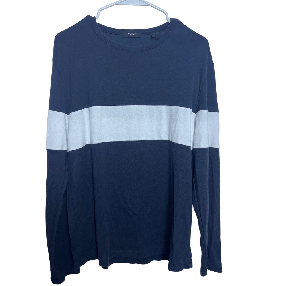 Theory Mens Colorblock LS Crewneck Tee Navy Blue White Stripe Nautical M Preppy